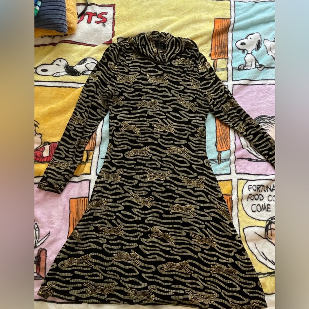 Black and Gold Tiger Print Turtleneck Long Sleeve Dress